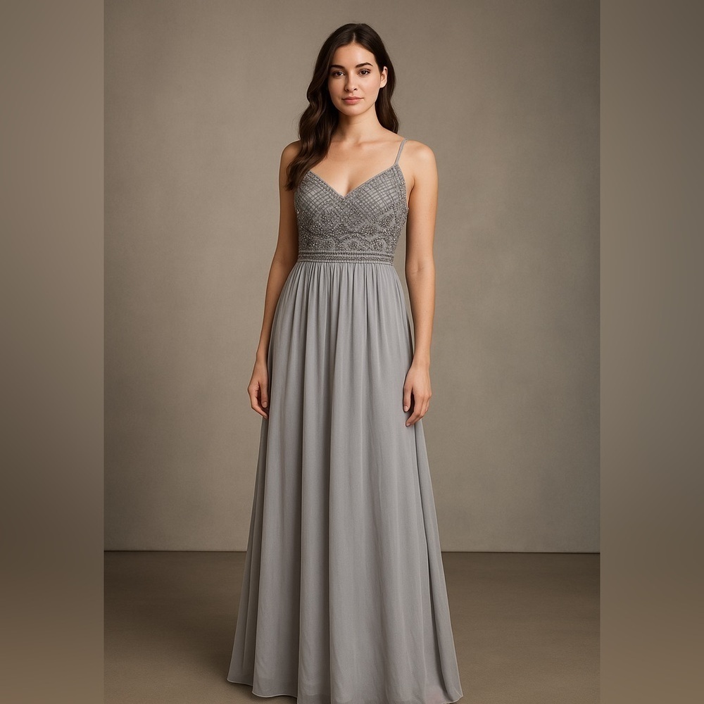 Adrianna Papell Beaded Silver Maxi Formal Dress 4 Evening Gown Prom Wedding Gala